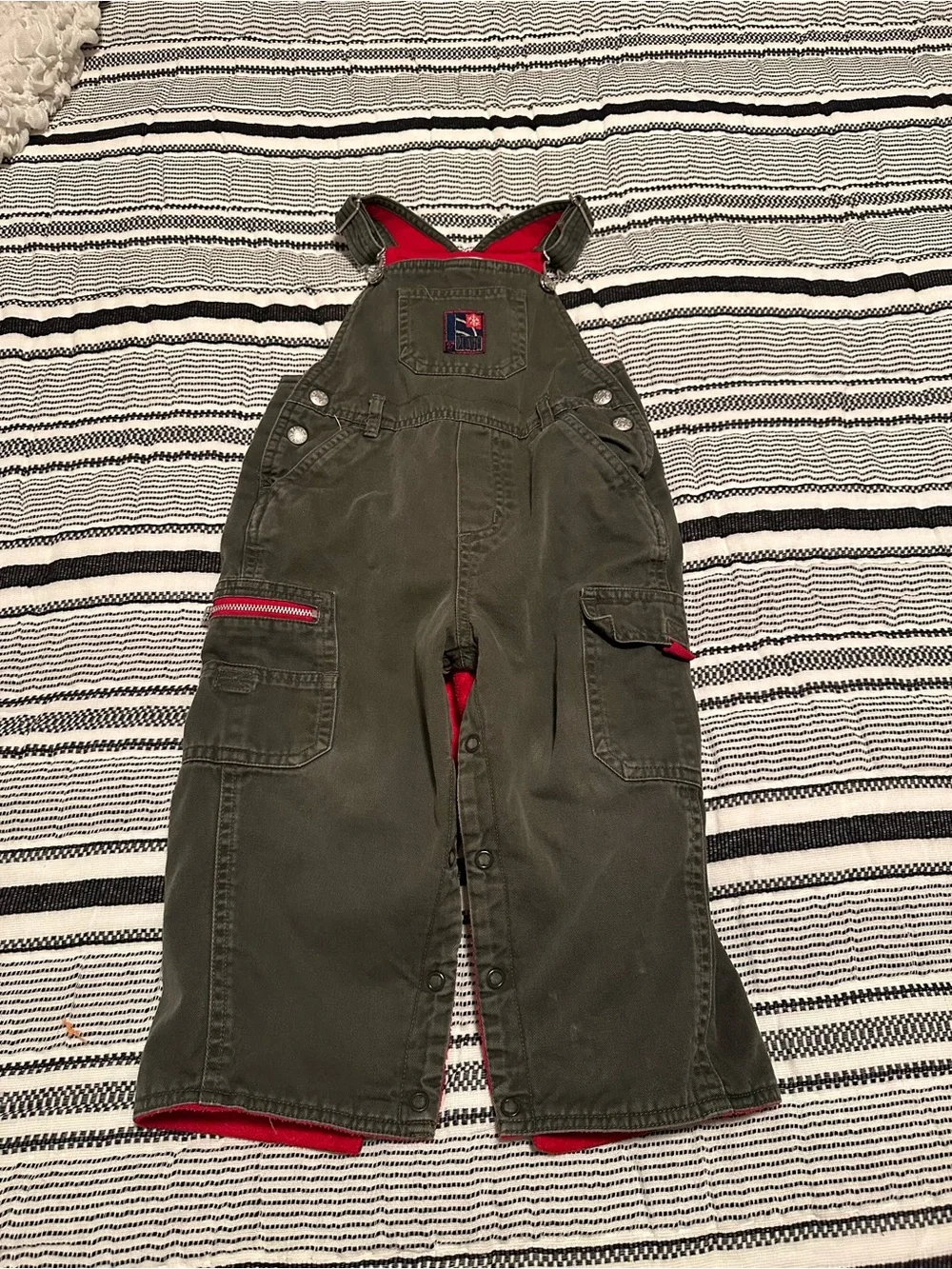 Children’s Place Olive Green Overalls with Red Fleece Lining- Size 2T/24M